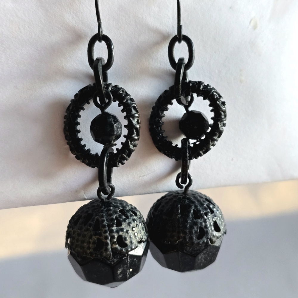 Black earrings dangly filigree hoop bead ball goth gothic Victorian style